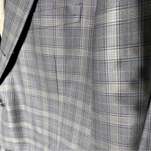 Vintage Grey Tan Plaid Wool Silk Blend Blazer Sport Coat 44R - Picture 12 of 14